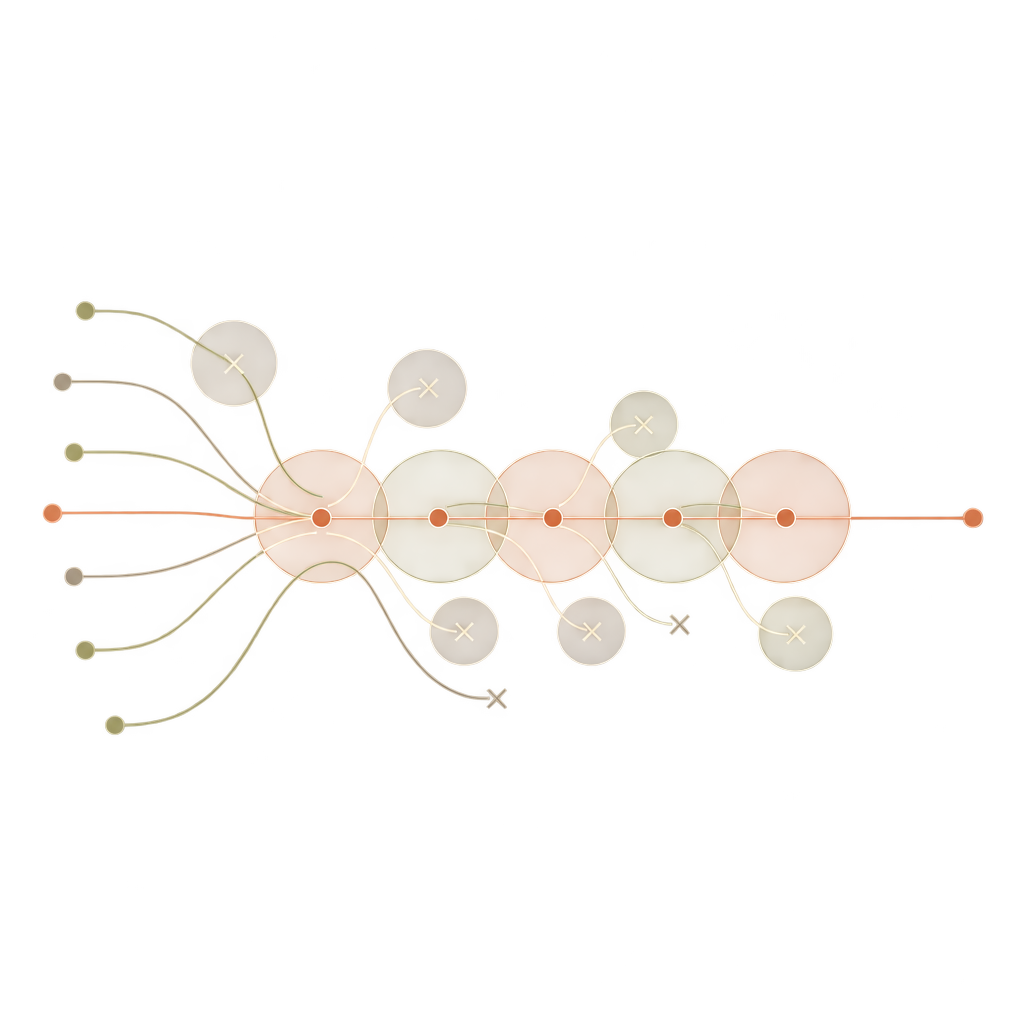 One continuous path passes through successive conditions; other paths stop at different points.