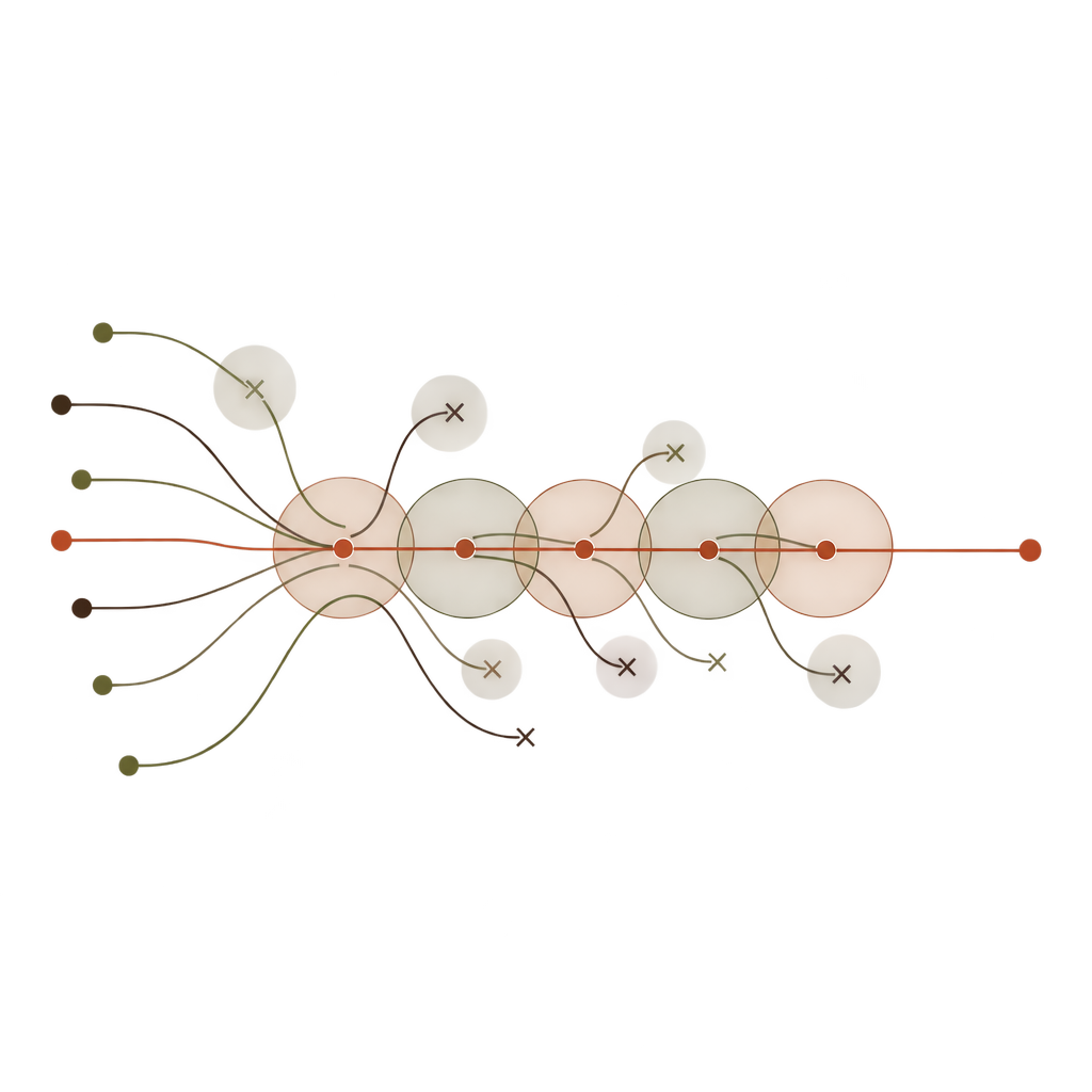 One continuous path passes through successive conditions; other paths stop at different points.