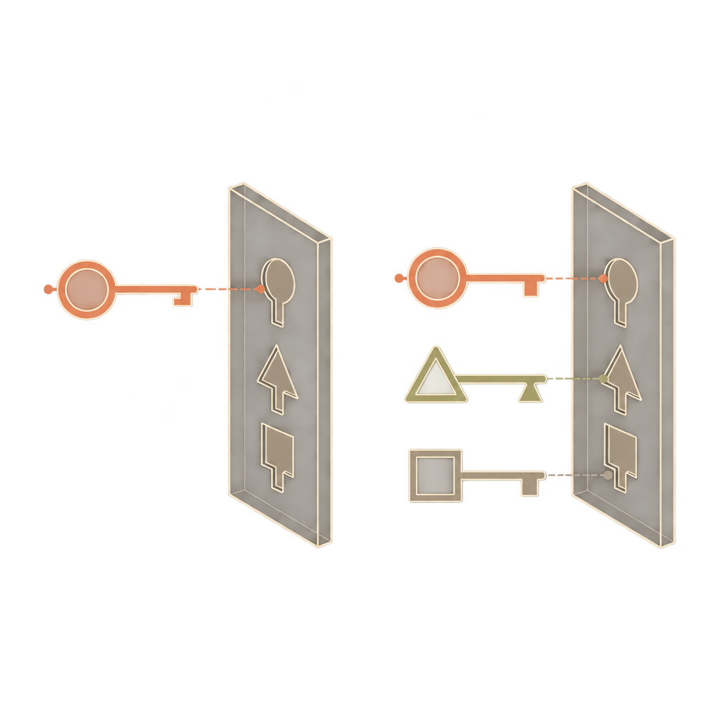 One key faces three different keyholes; a neighboring set provides a corresponding key for each shape.