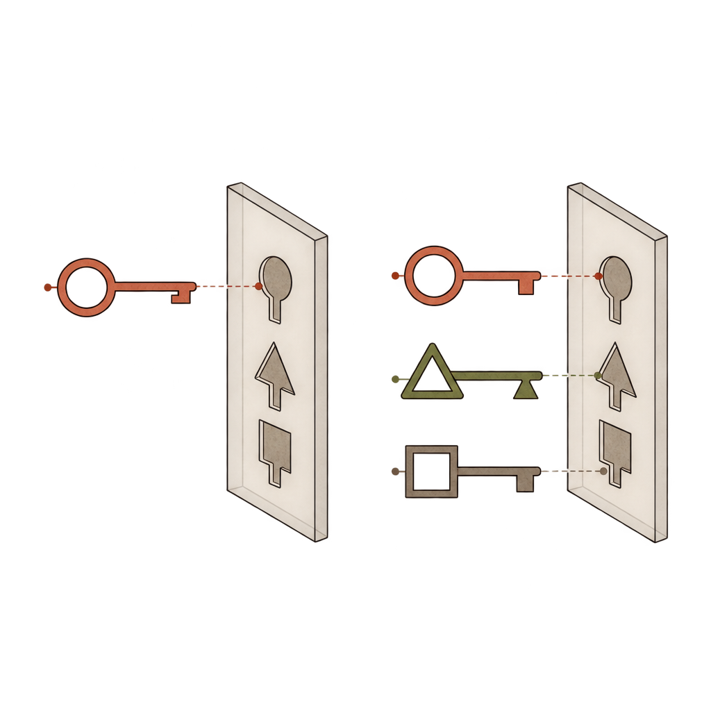 One key faces three different keyholes; a neighboring set provides a corresponding key for each shape.