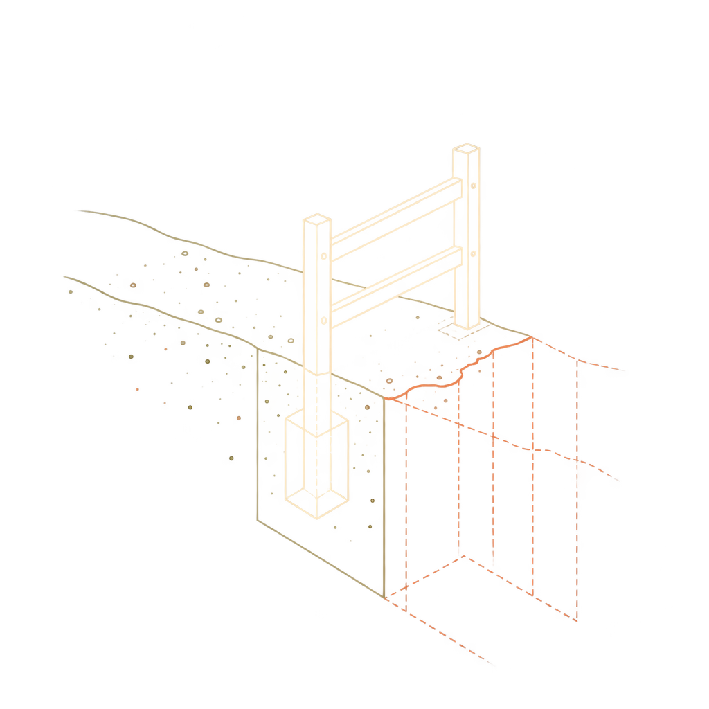 A fence blocks a path above a hidden drop, exposed by a cutaway of the ground.