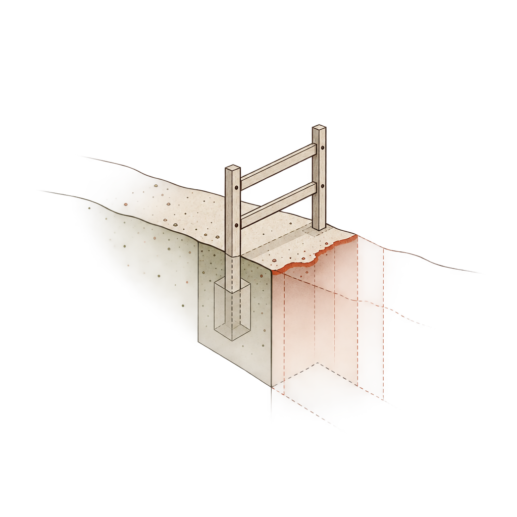 A fence blocks a path above a hidden drop, exposed by a cutaway of the ground.