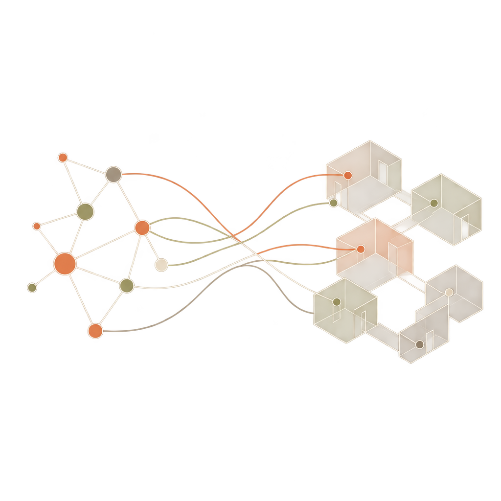 A network of connected points is echoed by a connected arrangement of rooms.