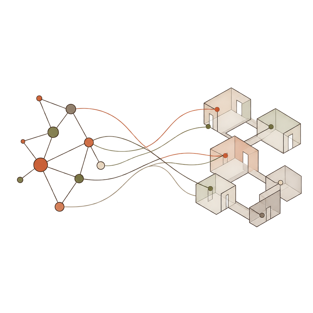 A network of connected points is echoed by a connected arrangement of rooms.