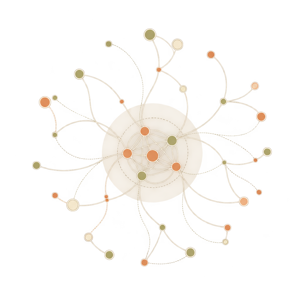 A closely connected inner group gives way to looser connections farther out.
