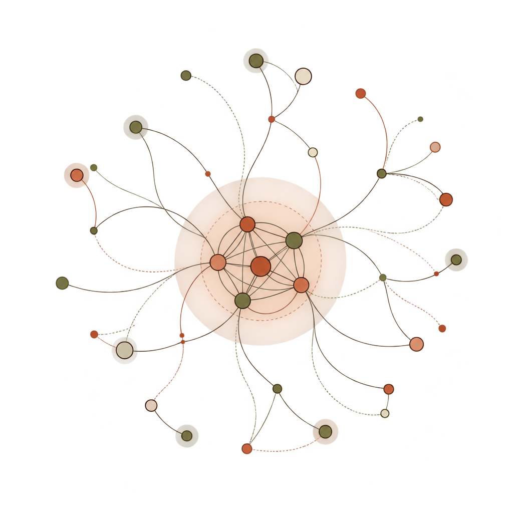 A closely connected inner group gives way to looser connections farther out.