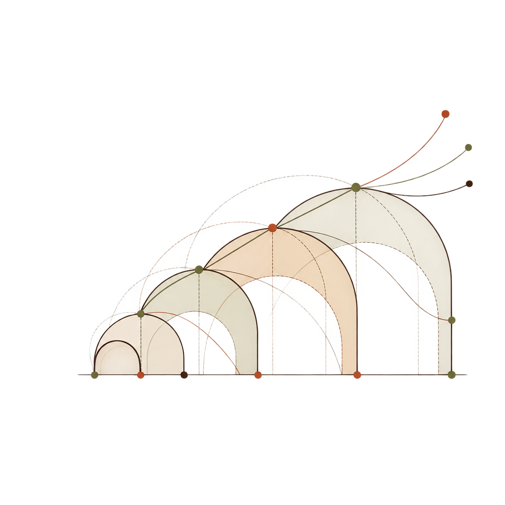 A small arch persists inside successive additions to a larger working structure.