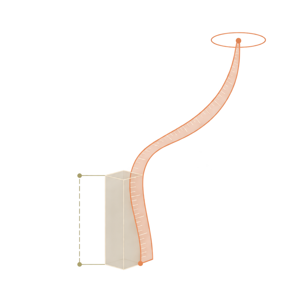 A measuring strip stretches toward an elevated target while the measured column stays short.