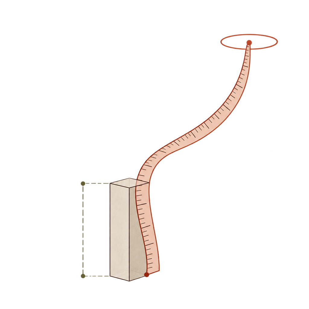 A measuring strip stretches toward an elevated target while the measured column stays short.
