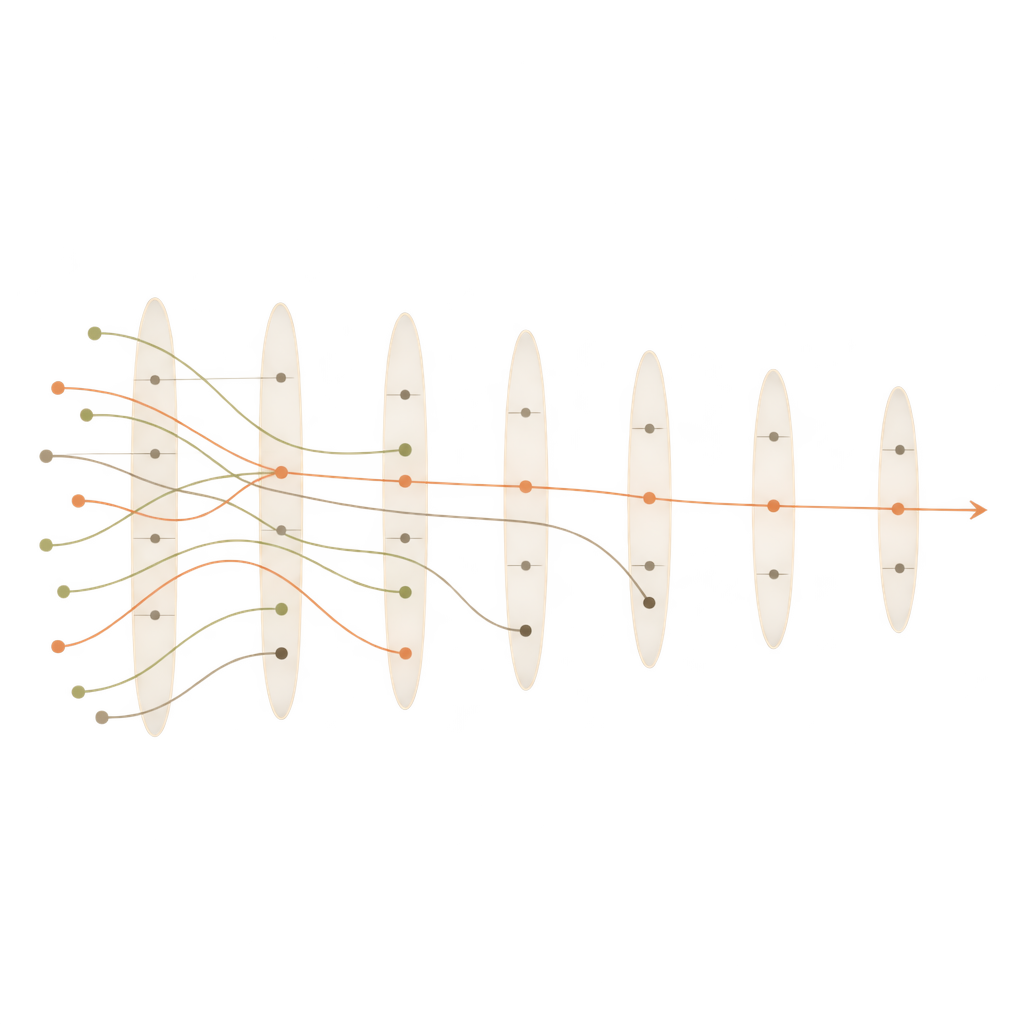 A long thread continues through time markers while shorter threads end nearby.