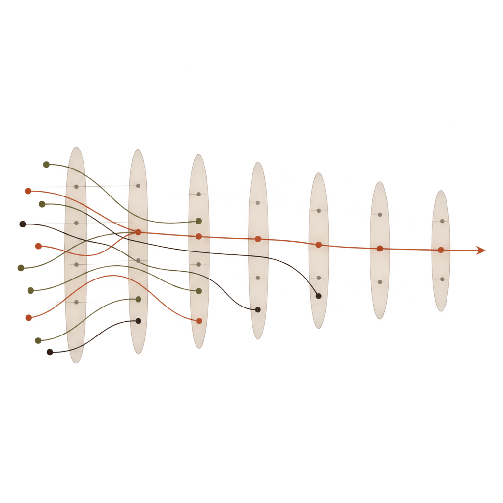 A long thread continues through time markers while shorter threads end nearby.