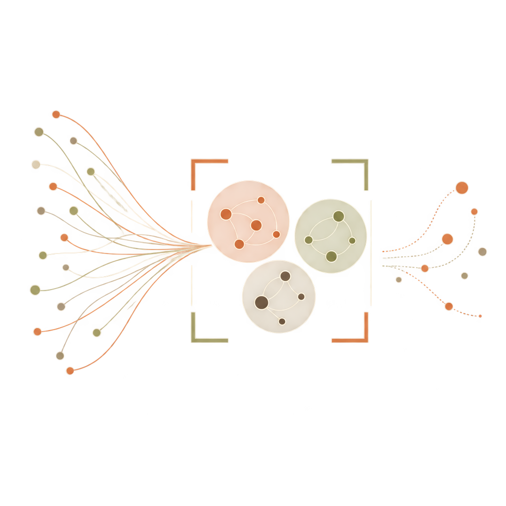 Separate objects form a few groups inside a limited frame, with another group outside.
