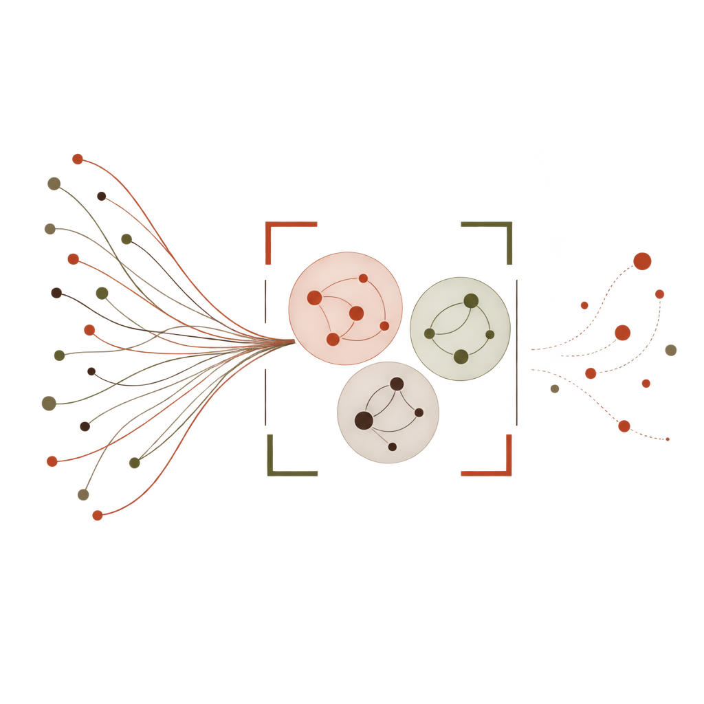 Separate objects form a few groups inside a limited frame, with another group outside.