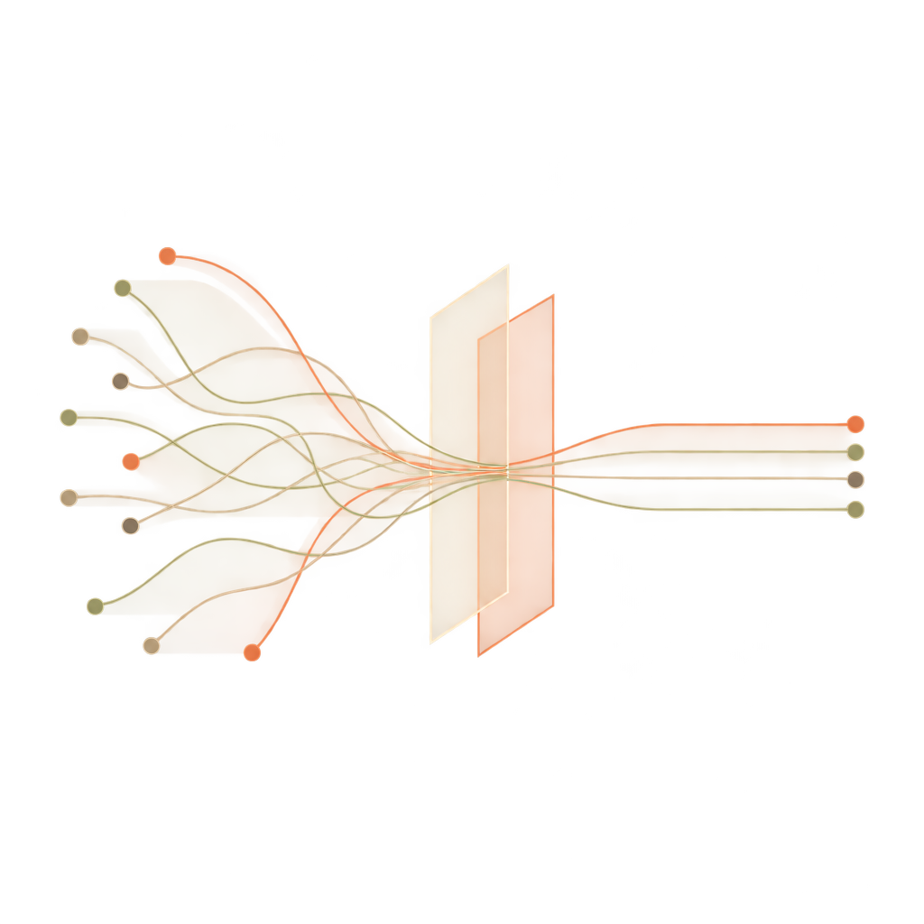 Varied incoming paths pass through a boundary and emerge in an orderly bundle.