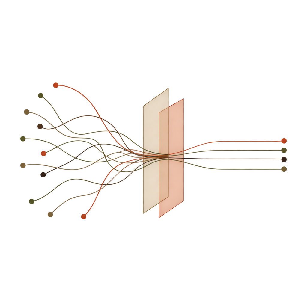 Varied incoming paths pass through a boundary and emerge in an orderly bundle.