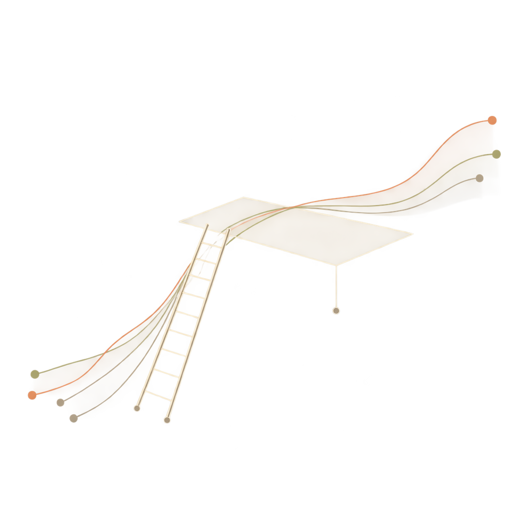 A ladder reaches an elevated path that continues beyond it.