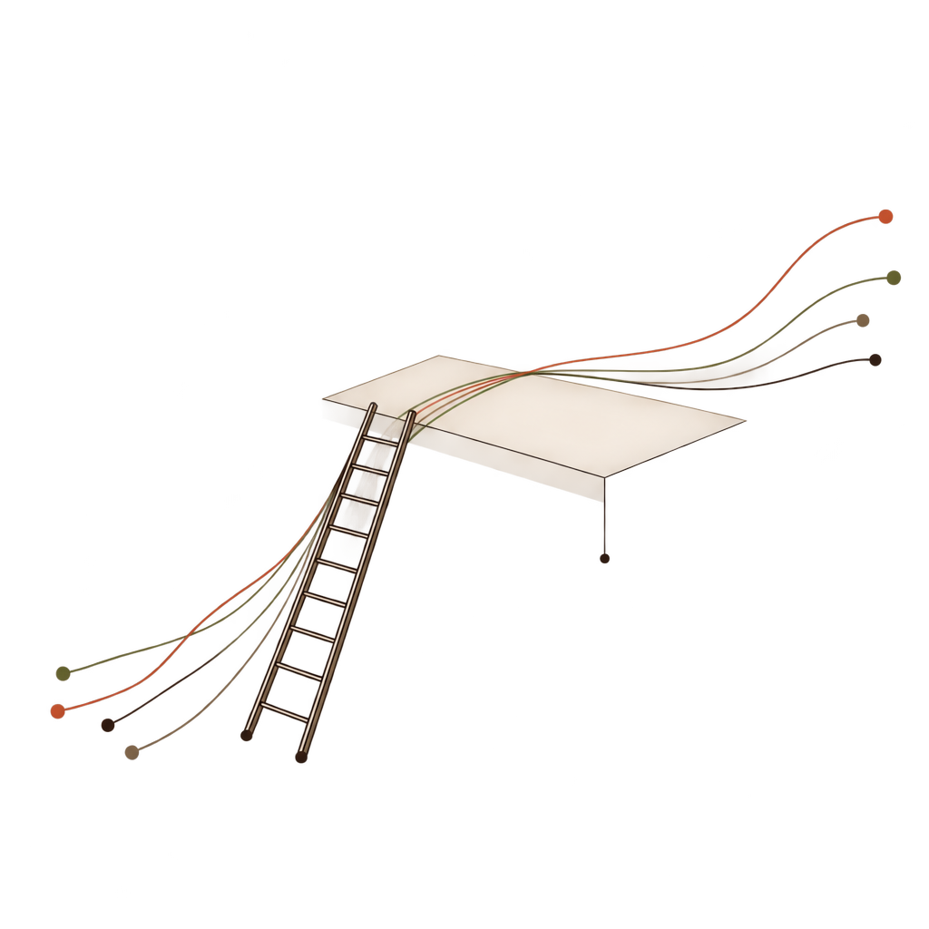 A ladder reaches an elevated path that continues beyond it.
