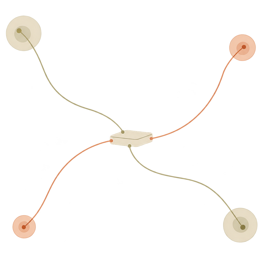 A small anchored form stays fixed in size while fine threads branch outward from it to distant points.