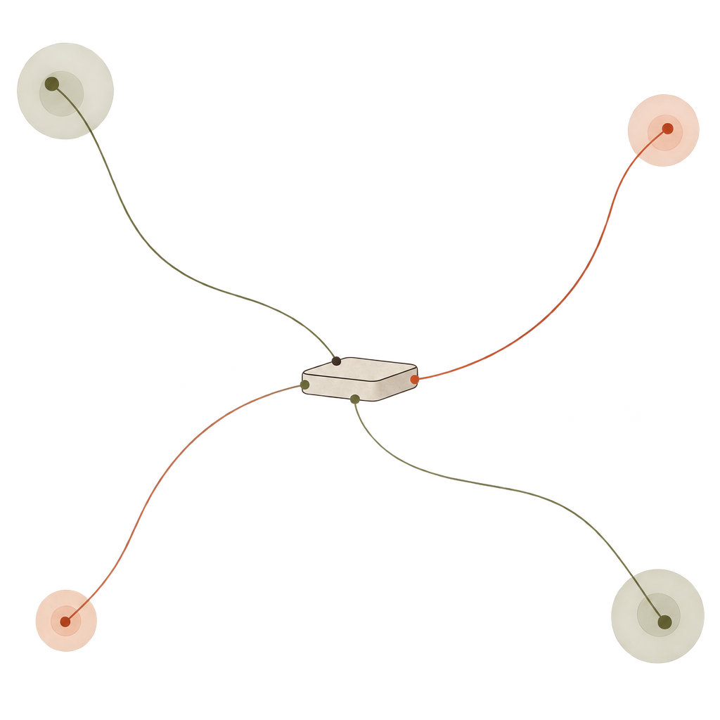 A small anchored form stays fixed in size while fine threads branch outward from it to distant points.