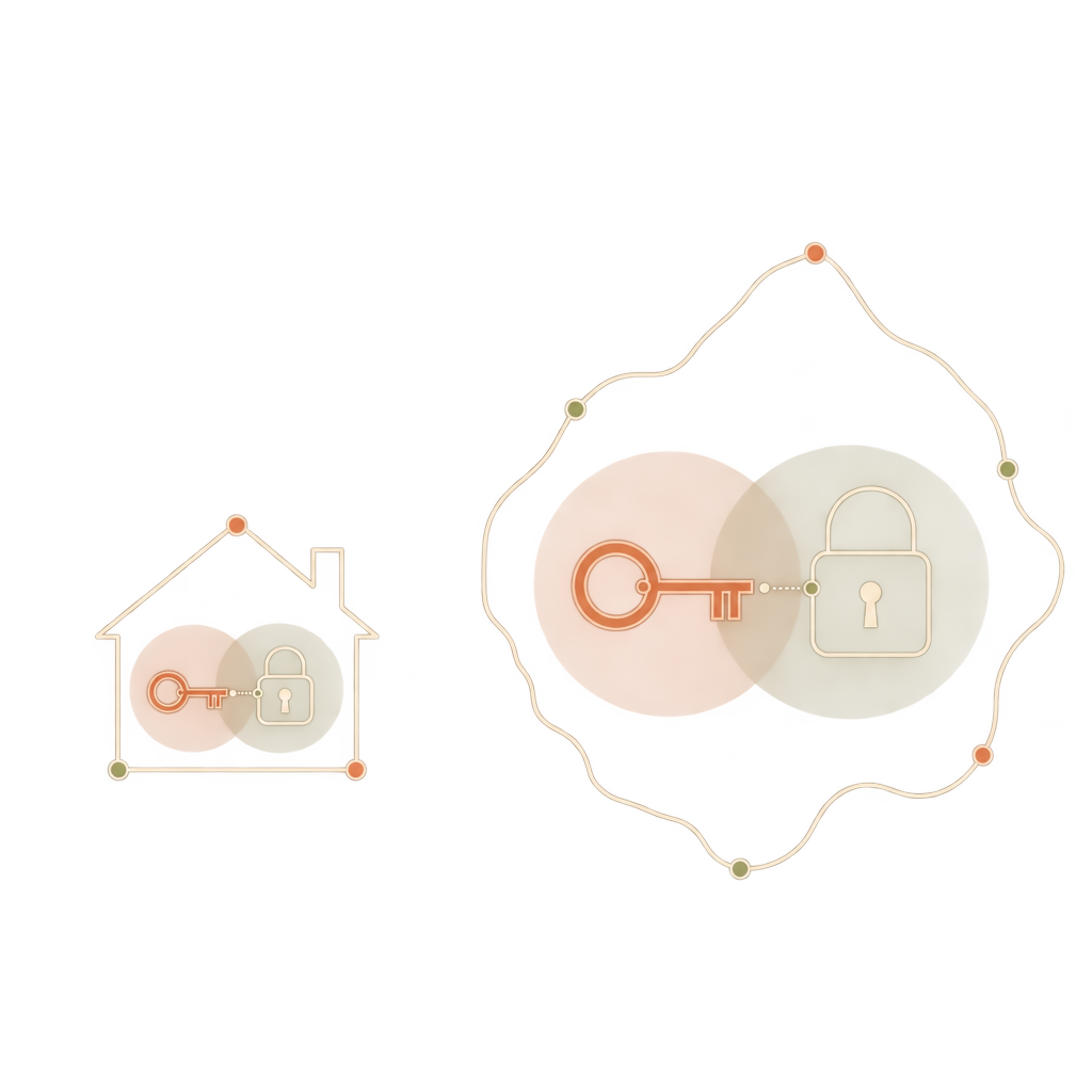 The same key-and-lock shape appears twice at very different scales: small inside a house outline, identical in shape but much larger inside a territory outline.
