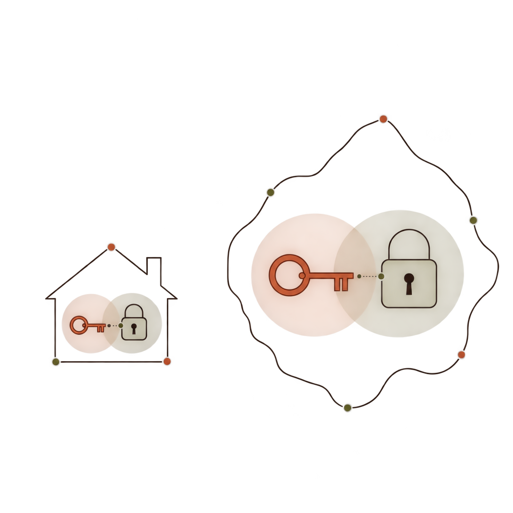 The same key-and-lock shape appears twice at very different scales: small inside a house outline, identical in shape but much larger inside a territory outline.